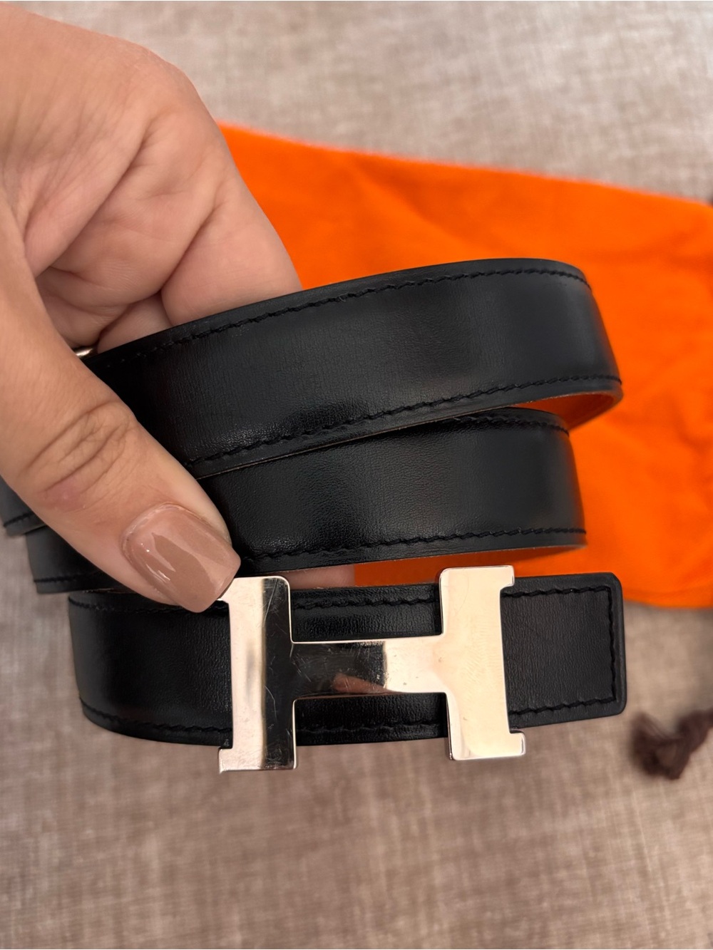 Authentic HERMES Constance H silver buckle belt orange black 80cm